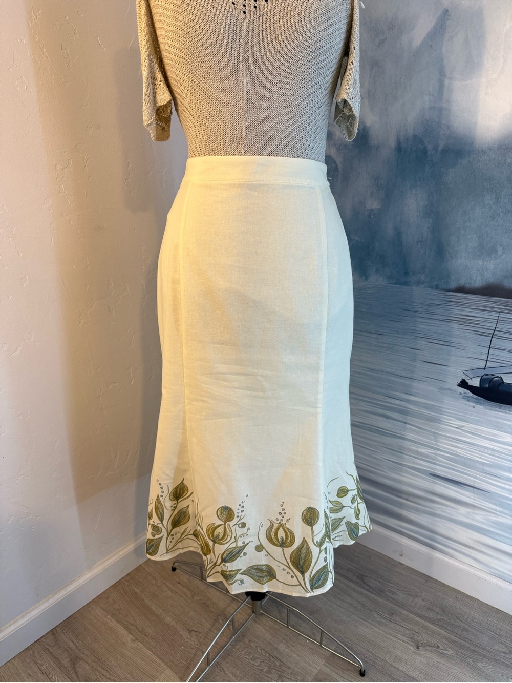 Cream A-Line Skirt with Green Botanical Hem #286